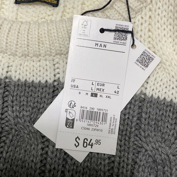Piombo Large Sweater Stripe Cableknit Gray Ivory Acrylic Wool Blend Men’s L NWT - Picture 4 of 7